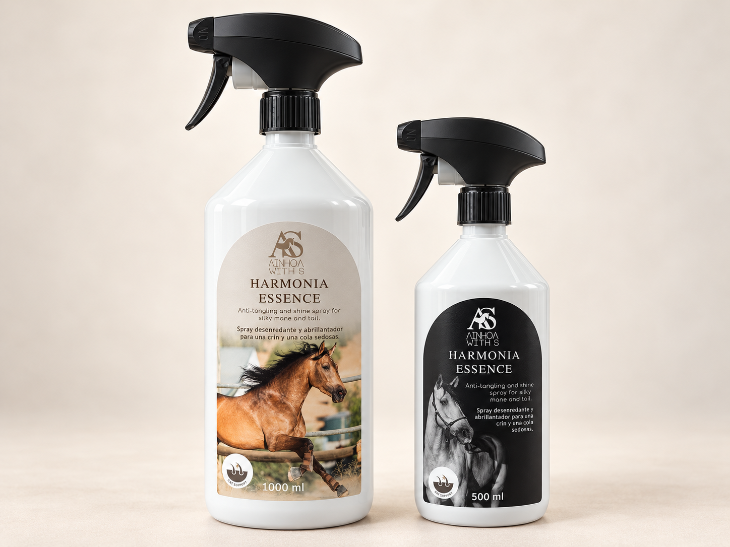 Comparativa de los envases Harmonia Essence de 500 ml y 1.000 ml con pulverizadores negros